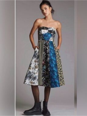 Anthropologie Strapless Patchwork Floral Midi Dress in Blue, Green, Black, White